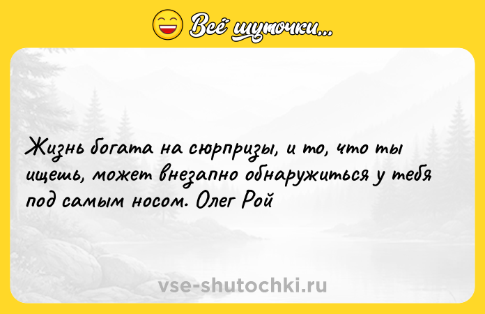 Цитата: Жизнь богата на сюрпризы, и то, что ты ищешь, может внезапно обнаружиться у тебя под самым носом. Олег Рой