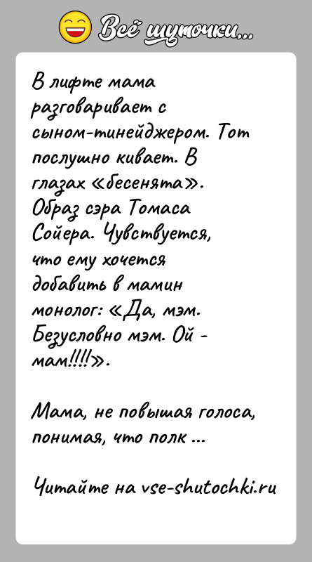 История: В лифте мама разговаривает с сыном-тинейджером. Тот послушно кивает. В глазах бесенята . Образ сэра Томаса Сойера. Чувствуется, что ему хочется