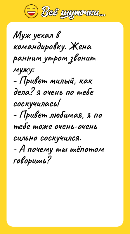 Муж уехал в командировку. Жена ранним утром звонит мужу: 