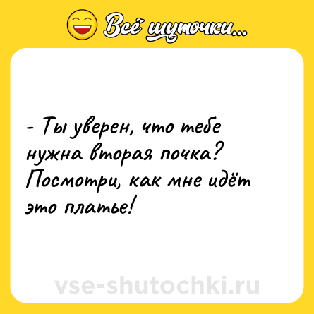 Шутка: - Ты уверен, что тебе нужна вторая почка? Посмотри, как мне идёт это платье!