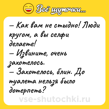 Шутка: — Как вам не стыдно! Люди кругом, а вы селфи делаете!<br>— Извините, очень захотелось.<br>— Захотелось, блин. До туалета нельзя было дотерпеть?