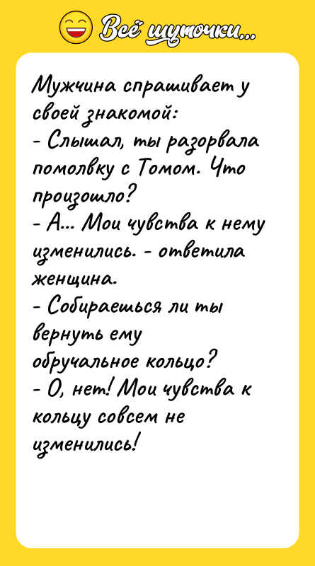 Мужчина спрашивает у своей знакомой: - Слышал, ты разорвала помолвку