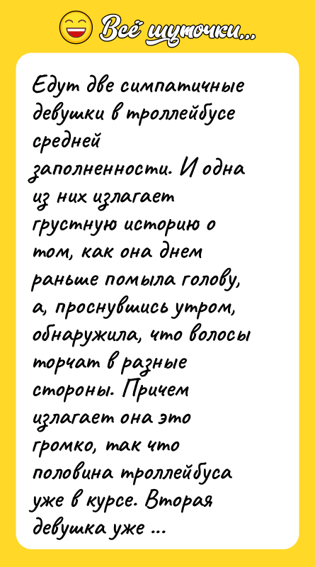 Едут две симпатичные девушки в троллейбусе средней заполненности. И одна