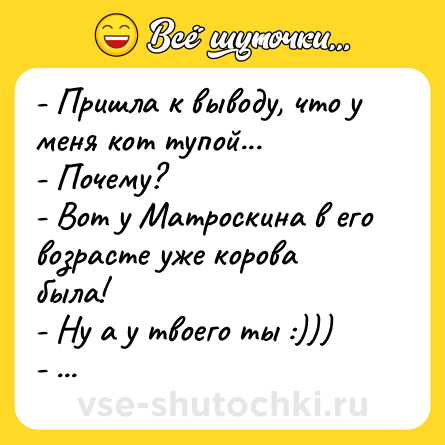 Шутка: - Пришла к выводу, что у меня кот тупой...<br>- Почему?<br>- Вот у Матроскина в его возрасте уже корова была!<br>- Ну а у твоего ты :)))<br>- Мля...