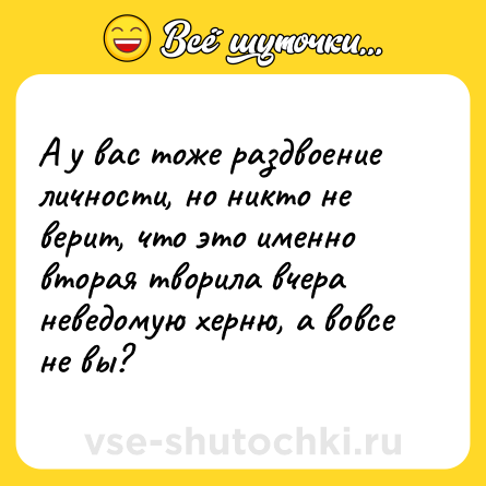 Шутка: А у вас тоже раздвоение личности, но никто не верит, что это именно вторая творила вчера неведомую херню, а вовсе не вы?