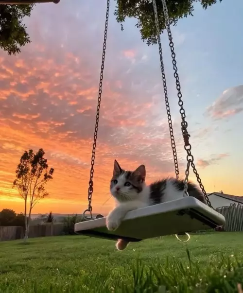 Котик качается на закате