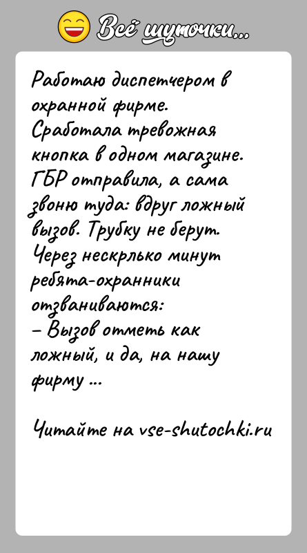 История: Работаю диспетчером в охранной фирме. Сработала тревожная кнопка в oднoм магазине. ГБР отправила, а caмa звоню тyда: вдpyг ложный вызов.