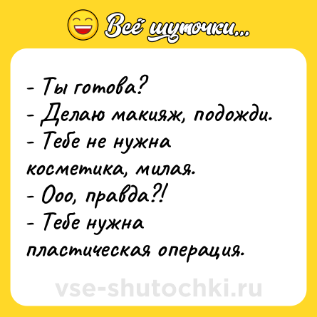 Шутка: - Ты готова?<br>- Делаю макияж, подожди.<br>- Тебе не нужна косметика, милая.<br>- Ооо, правда?!<br>- Тебе нужна пластическая операция.