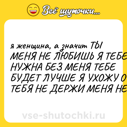 Шутка: я женщина, а значит ТЫ МЕНЯ НЕ ЛЮБИШЬ Я ТЕБЕ НЕ НУЖНА БЕЗ МЕНЯ ТЕБЕ БУДЕТ ЛУЧШЕ Я УХОЖУ ОТ ТЕБЯ НЕ ДЕРЖИ МЕНЯ НЕТ ДЕРЖИ ОТСТАНЬ ИДИ СЮДА