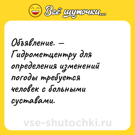 Шутка: Объявление. — Гидрометцентру для определения изменений погоды требуется человек с больными суставами. 