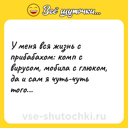 Шутка: У меня вся жизнь с прибабахом: комп с вирусом, мобила с глюком, да и сам я чуть-чуть того...