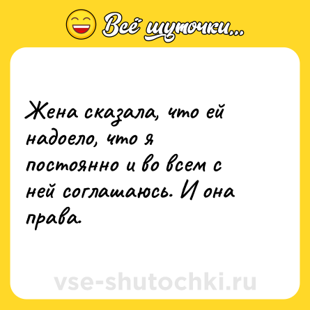 Шутка: Жена сказала, что ей надоело, что я постоянно и во всем с ней соглашаюсь. И она права.