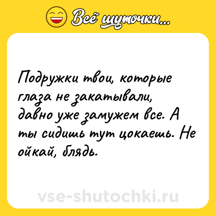 Шутка: Подружки твои, которые глаза не закатывали, давно уже замужем все. А ты сидишь тут цокаешь. Не ойкай, блядь.