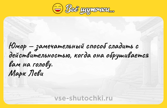 Цитата: Юмор замечательный способ сладить с действительностью, когда она обрушивается вам на голову. Марк Леви