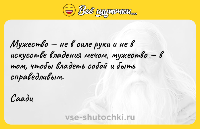 Цитата: Мужество не в силе руки и не в искусстве владения мечом, мужество в том, чтобы владеть собой и быть справедливым.Саади