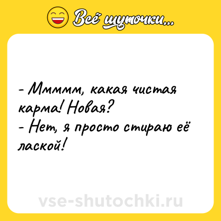 Шутка: - Ммммм, какая чистая карма! Новая? <br>- Нет, я просто стираю её лаской!