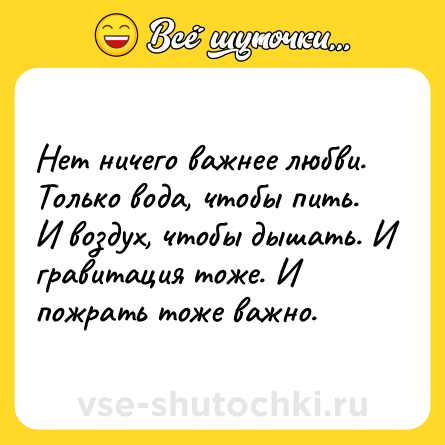 Шутка: Нет ничего важнее любви. Только вода, чтобы пить. И воздух, чтобы дышать. И гравитация тоже. И пожрать тоже важно.