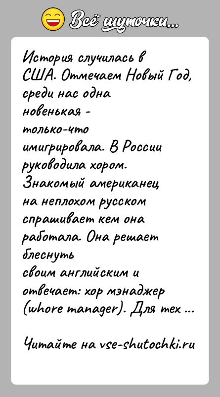 История: История случилась в США. Отмечаем Новый Год, среди нас одна новенькая -только-что имигрировала. В России руководила хором. Знакомый американецна неплохом