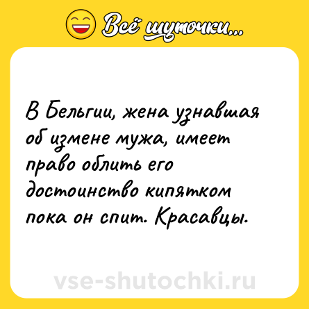 Шутка: В Бельгии, жена узнавшая об измене мужа, имеет право облить его достоинство кипятком пока он спит. Красавцы.