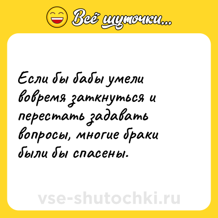 Шутка: Если бы бабы умели вовремя заткнуться и перестать задавать вопросы, многие браки были бы спасены.