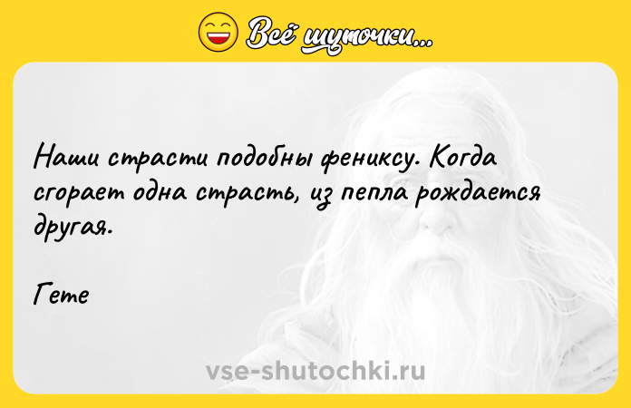 Цитата: Наши страсти подобны фениксу. Когда сгорает одна страсть, из пепла рождается другая. Гете