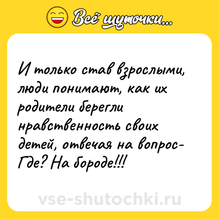 Шутка: И только став взрослыми, люди понимают, как их родители берегли нравственность своих детей, отвечая на вопрос- Где? На бороде!!!