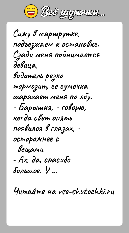 История: Сижу в маршрутке, подъезжаем к остановке. Сзади меня поднимается девица,водитель резко тормозит, ее сумочка шарахает меня по лбу.- Барышня, -