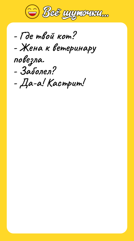 - Где твой кот? - Жена к ветеринару повезла. -