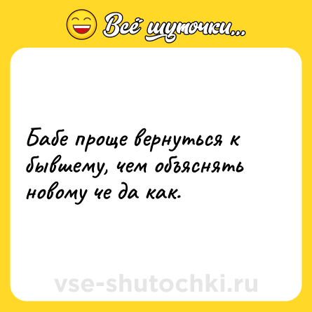 Шутка: Бабе проще вернуться к бывшему, чем объяснять новому че да как.