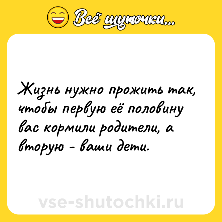 Шутка: Жизнь нужно прожить так, чтобы первую её половину вас кормили родители, а вторую - ваши дети.