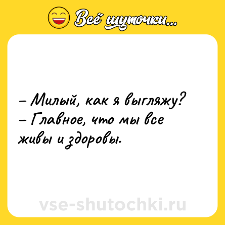 Шутка: – Милый, как я выгляжу?<br>– Главное, что мы все живы и здоровы.
