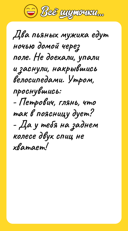 Два пьяных мужика едут ночью домой через поле. Не доехали,