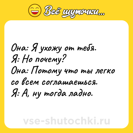 Шутка: Она: Я ухожу от тебя.<br>Я: Но почему?<br>Она: Потому что ты легко со всем соглашаешься.<br>Я: А, ну тогда ладно.