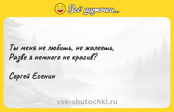 Цитата: Ты меня не любишь, не жалеешь, Разве я немного не красив?Сергей Есенин