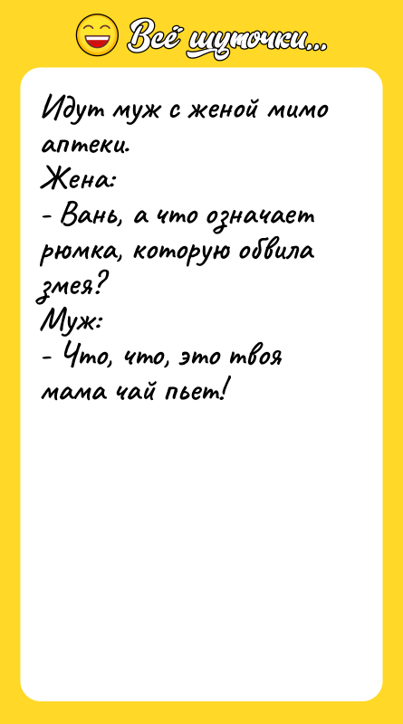 Идут муж с женой мимо аптеки.  Жена:  -