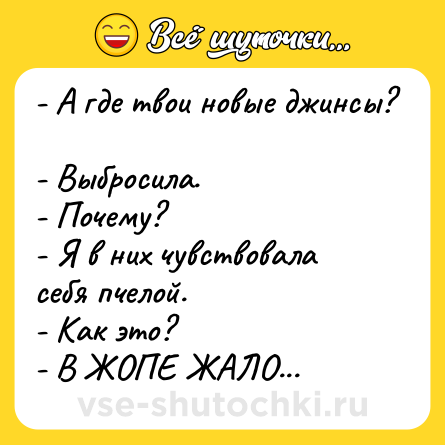 Шутка: - А где твои новые джинсы? <br>- Выбросила. <br>- Почему? <br>- Я в них чувствовала себя пчелой. <br>- Как это? <br>- В ЖОПЕ ЖАЛО...