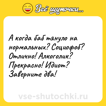 Шутка: А когда баб тянуло на нормальных? Социофоб? Отлично! Алкоголик? Прекрасно! Идиот? Заверните два!