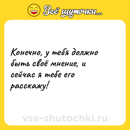 Шутка: Конечно, у тебя должно быть своё мнение, и сейчас я тебе его расскажу!