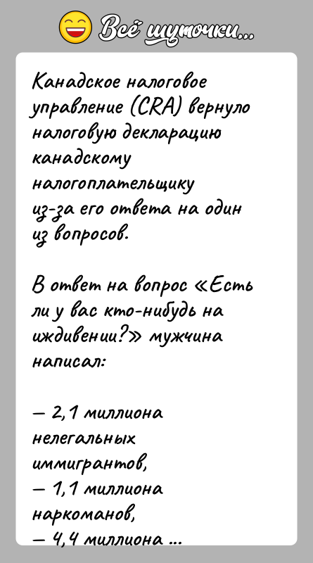 История: Канадское налоговое управление (CRA) вернуло налоговую декларацию канадскому налогоплательщику из-за его ответа на один из вопросов.В ответ на вопрос Есть
