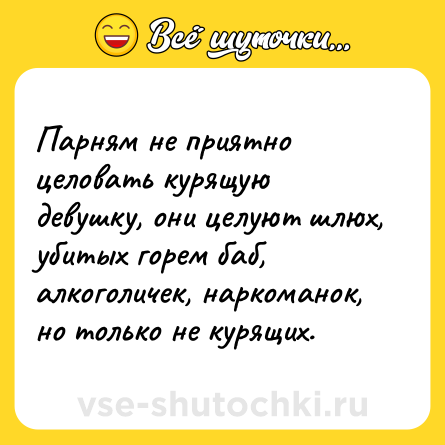 Шутка: Парням не приятно целовать курящую девушку, они целуют шлюх, убитых горем баб, алкоголичек, наркоманок, но только не курящих.