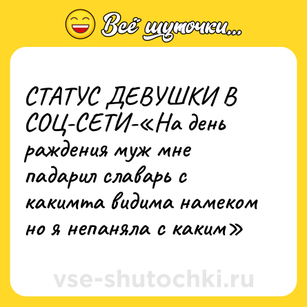 Шутка: СТАТУС ДЕВУШКИ В СОЦ-СЕТИ-«На день раждения муж мне падарил славарь с какимта видима намеком но я непаняла с каким»