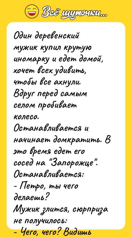 Один деревенский мужик купил крутую иномарку и едет домой, хочет