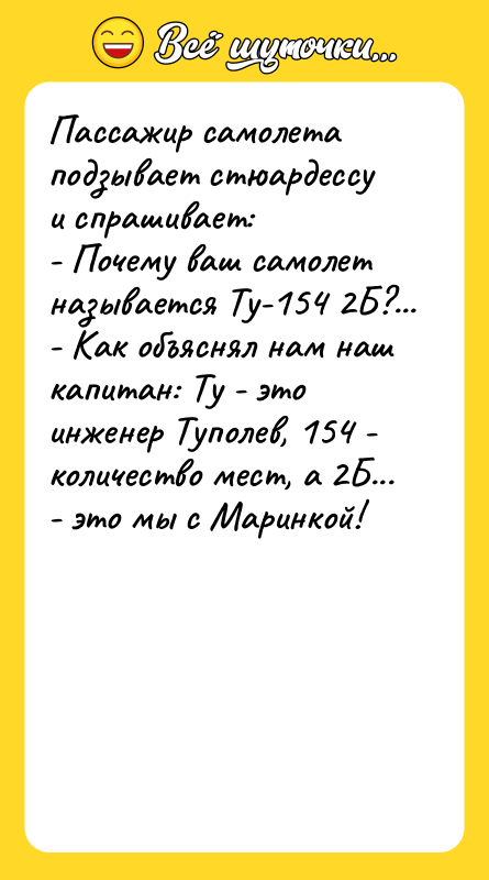 Пассажир самолета подзывает стюардессу и спрашивает: - Почему ваш самолет