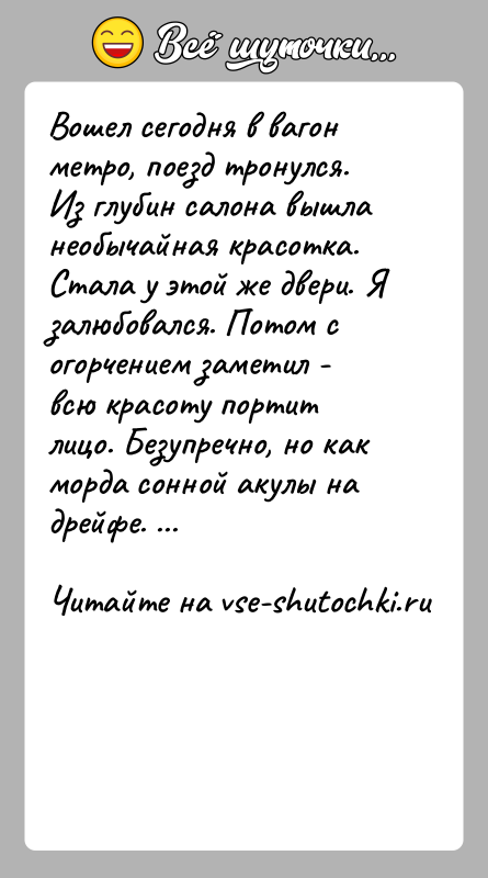 История: Вошел сегодня в вагон метро, поезд тронулся. Из глубин салона вышла необычайная красотка. Стала у этой же двери. Я залюбовался.
