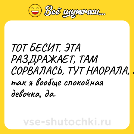 Шутка: ТОТ БЕСИТ, ЭТА РАЗДРАЖАЕТ, ТАМ СОРВАЛАСЬ, ТУТ НАОРАЛА, а так я вообще спокойная девочка, да.