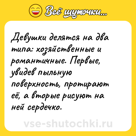 Шутка: Девушки делятся на два типа: хозяйственные и романтичные. Первые, увидев пыльную поверхность, протирают её, а вторые рисуют на ней сердечко.