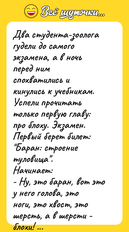 Два студента-зоолога гудели до самого экзамена, а в ночь перед