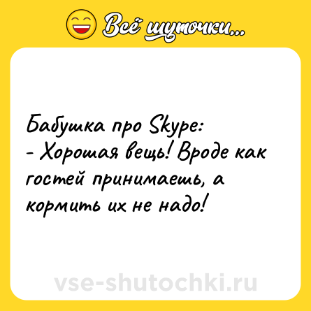 Шутка: Бабушка про Skуре:<br>- Хорошая вещь! Вроде как гостей принимаешь, а кормить их не надо!