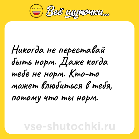 Шутка: Никогда не переставай быть норм. Даже когда тебе не норм. Кто-то может влюбиться в тебя, потому что ты норм.