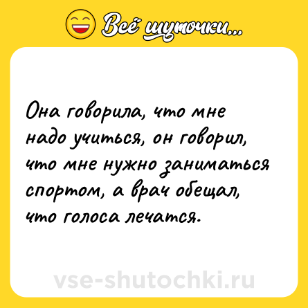 Шутка: Она говорила, что мне надо учиться, он говорил, что мне нужно заниматься спортом, а врач обещал, что голоса лечатся.